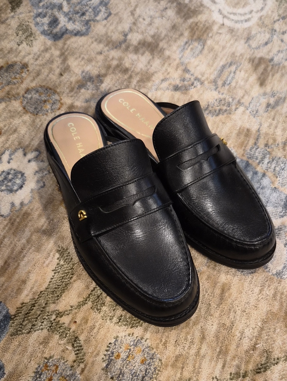Cole Haan Black Leather Slip-On Penny Loafer Mules